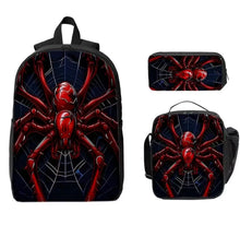Load image into Gallery viewer, Complete 3-piece bag set, 1 Backpack and 2 Small Bags Featuring a Red Spider Against a Dark Web Design. One Products