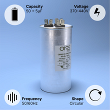 Load image into Gallery viewer, ONE Power 50/5-MFD, 370V or 440V Dual Run A/C Capacitor 50+5 uF CBB65B Air Conditioner Capacitors for AC Unit Fan Motor Start or Heat Pump or Condenser Straight Cool (OPCDR505) One Products AC Capacitors