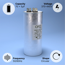 Load image into Gallery viewer, ONE Power 70/7.5-MFD, 370V or 440V Dual Run A/C Capacitor 70+7.5 uF CBB65B Air Conditioner Capacitors for AC Unit Fan Motor Start or Heat Pump or Condenser Straight Cool (OPCDR705) One Products AC Capacitors