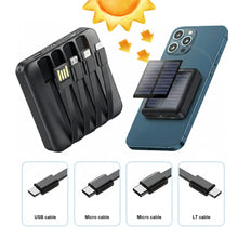 Load image into Gallery viewer, Solar Power Bank - Portable Fast Charger with 4 Built-in Cables (USB, Micro, Type-C, Lightning), Ultra-Bright LED Flashlight, and Rugged Design for All Smartphones One Products UV Light