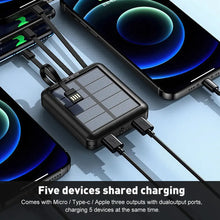 Load image into Gallery viewer, Solar Power Bank - Portable Fast Charger with 4 Built-in Cables (USB, Micro, Type-C, Lightning), Ultra-Bright LED Flashlight, and Rugged Design for All Smartphones One Products UV Light