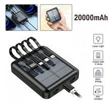 Load image into Gallery viewer, Solar Power Bank - Portable Fast Charger with 4 Built-in Cables (USB, Micro, Type-C, Lightning), Ultra-Bright LED Flashlight, and Rugged Design for All Smartphones One Products UV Light