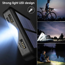Load image into Gallery viewer, Solar Power Bank - Portable Fast Charger with 4 Built-in Cables (USB, Micro, Type-C, Lightning), Ultra-Bright LED Flashlight, and Rugged Design for All Smartphones One Products UV Light