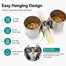 Load image into Gallery viewer, ProMounts Bird Feeding Cup Set (3 Pairs) Stainless Steel Twin Cage Feeders for Food &amp; Water | Small, Medium &amp; Large Bird Cups
