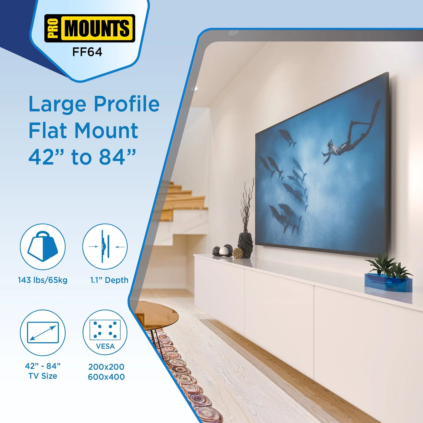 ProMounts Flat / Fixed TV Wall Mount for 42" to 84" TVs, Holds Up to 143lbs (FF64) - One Products