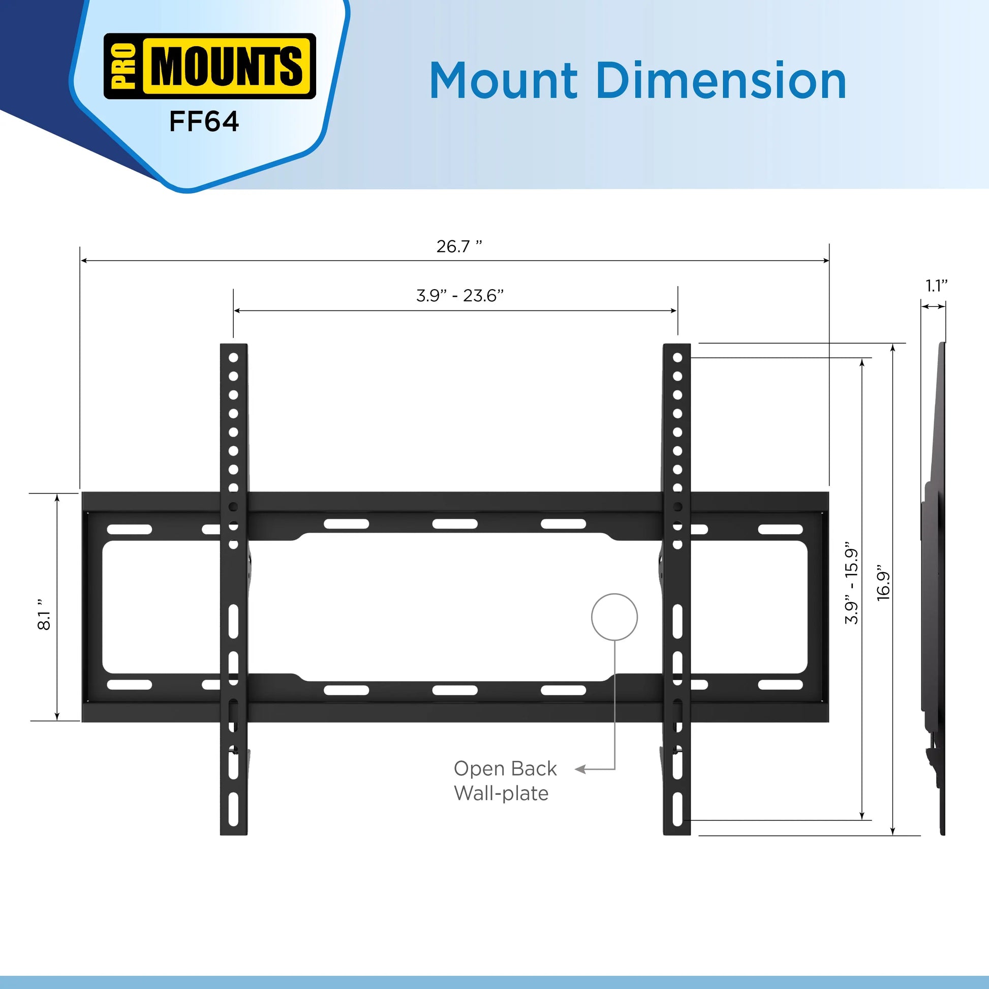 ProMounts Flat / Fixed TV Wall Mount for 42" to 84" TVs, Holds Up to 143lbs (FF64) - One Products