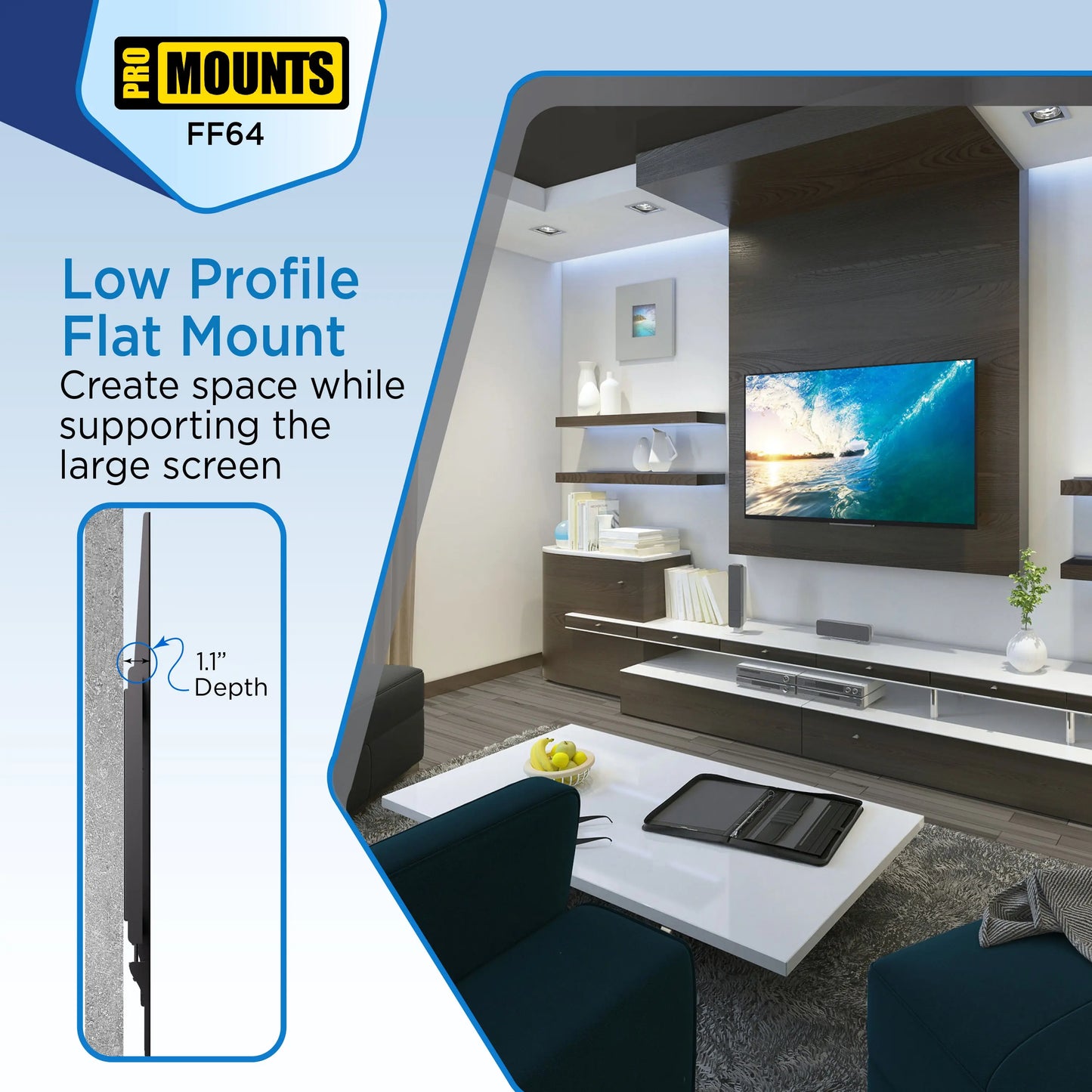 ProMounts Flat / Fixed TV Wall Mount for 42" to 84" TVs, Holds Up to 143lbs (FF64) - One Products