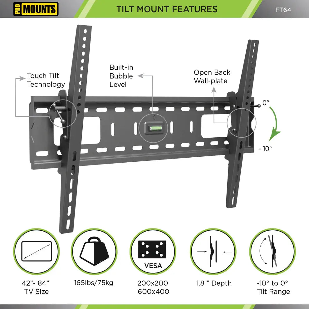 ProMounts Black Tilting TV Wall Mount for 42" to 84" TVs Up to 165lbs (FT64) - One Products