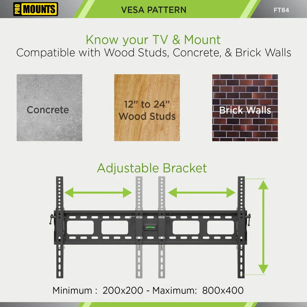 ProMounts Tilt/Tilting TV Wall Mount For 50" to 92" TVs Up to 165lbs (FT84) - One Products