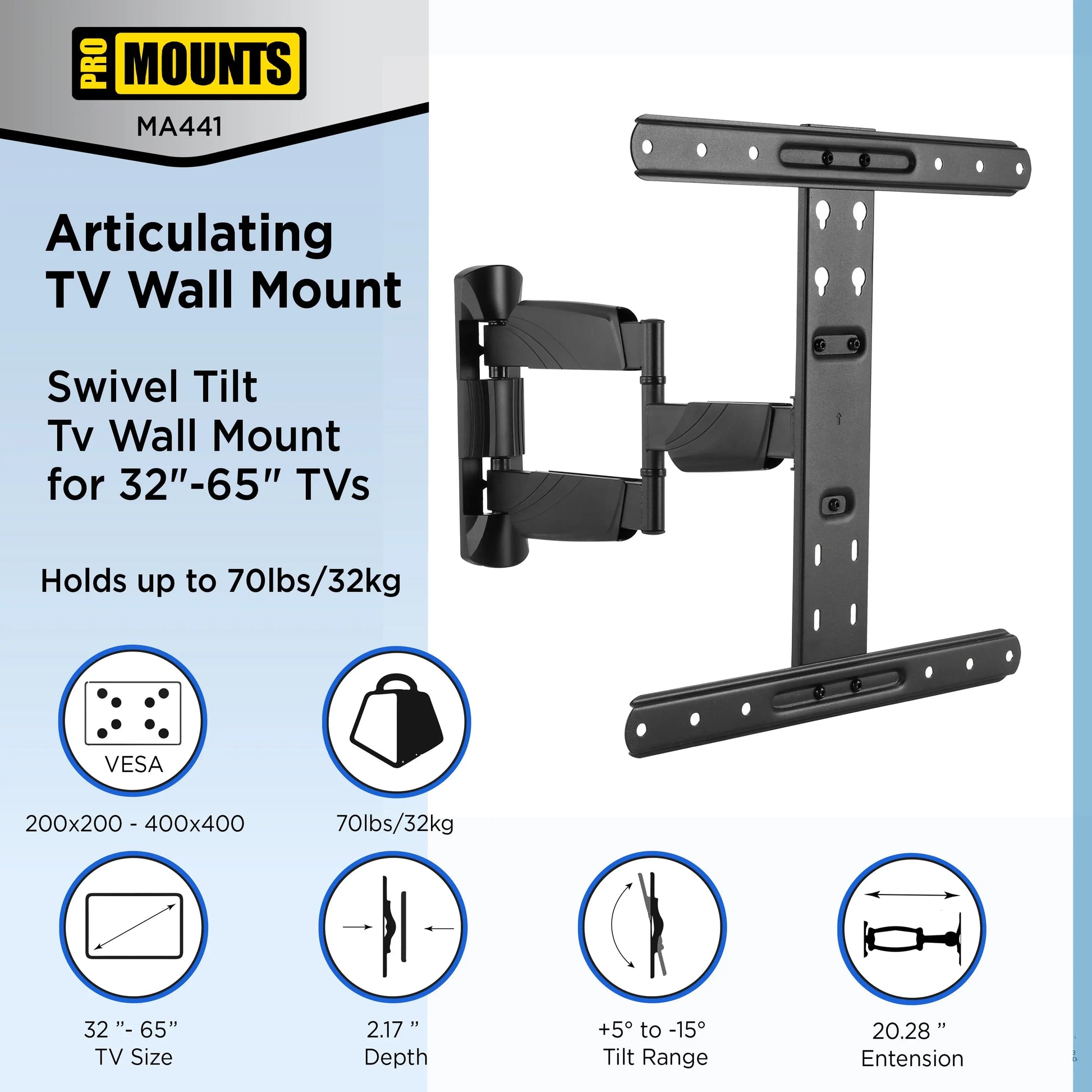 ProMounts Articulating / Full Motion TV Wall Mount for 32”-65” Holds up to 70lbs (MA441) - One Products