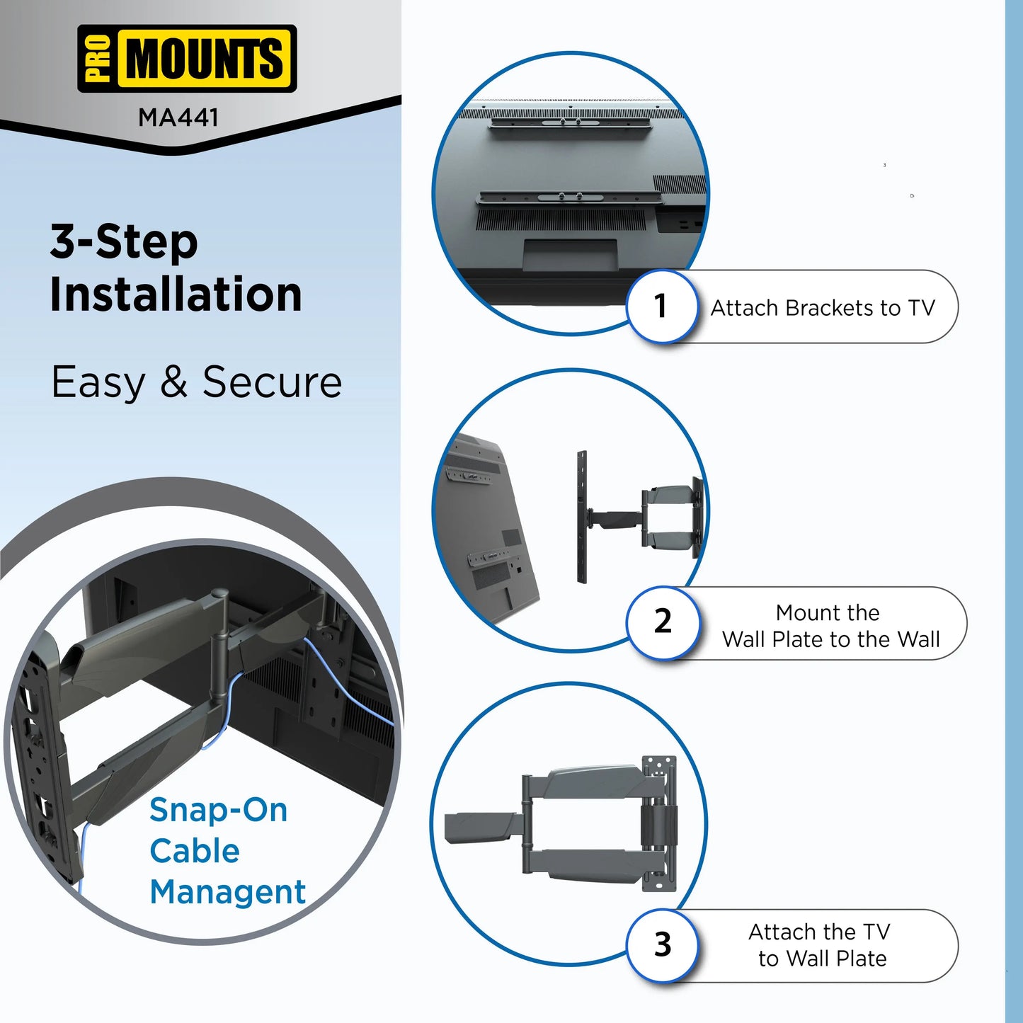 ProMounts Articulating / Full Motion TV Wall Mount for 32”-65” Holds up to 70lbs (MA441) - One Products