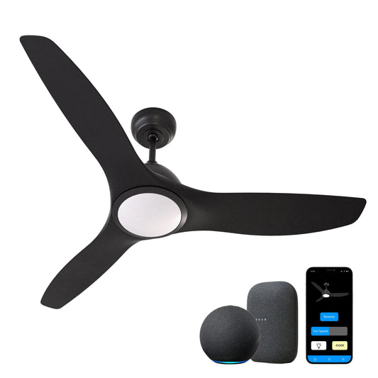 ProMounts 52 in. WIFI 3-Blade Smart Ceiling Fan with Reversible Motor, 6 Speeds and 3 Color Temperatures, App Control, Black - One Products