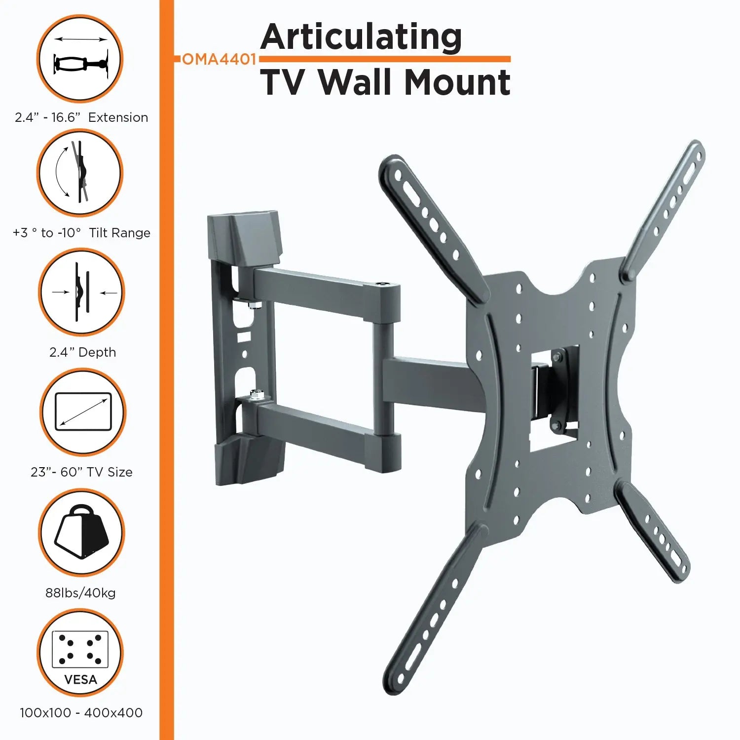 ProMounts Small Articulating / Full-Motion TV Wall Mount for  24’’- 60’’ and up to 88lbs  (OMA4401) - One Products