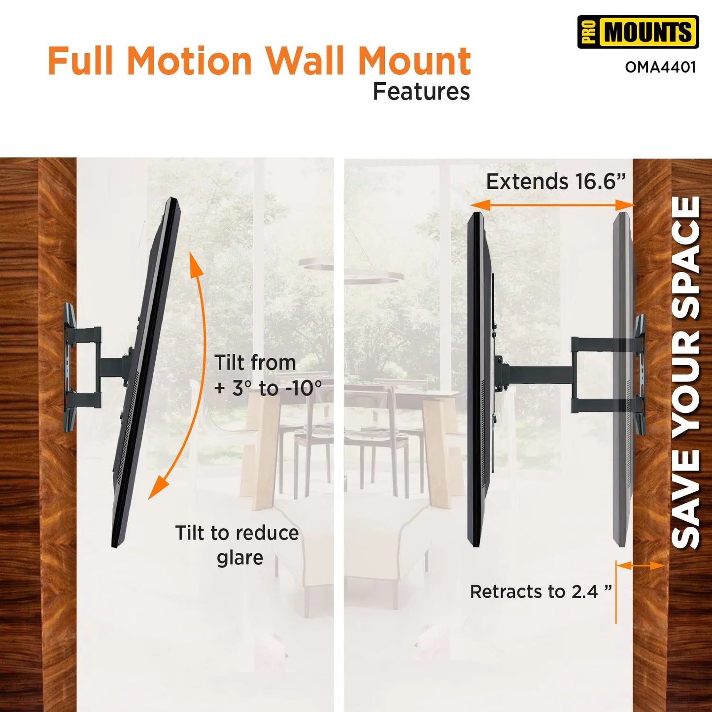 ProMounts Small Articulating / Full-Motion TV Wall Mount for  24’’- 60’’ and up to 88lbs  (OMA4401) - One Products