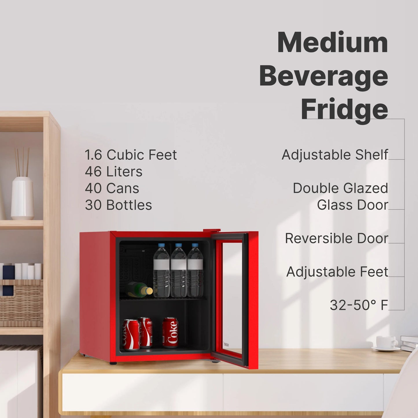 Husky Premium 46L Beverage Refrigerator 1.6 Cu.ft. Freestanding Counter-Top Mini Fridge With Glass Door in Red - One Products