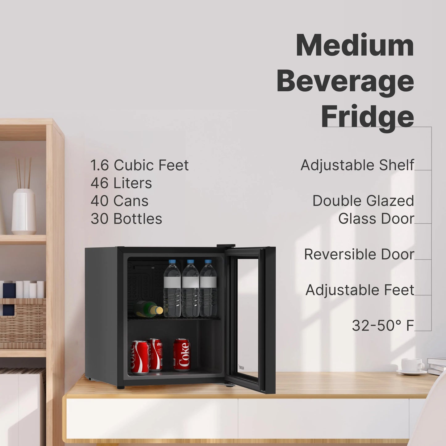 Husky Premium 1.6 Cu.Ft Premium Freestanding Glass Door Beverage Cooler & Mini Fridge, Black - One Products