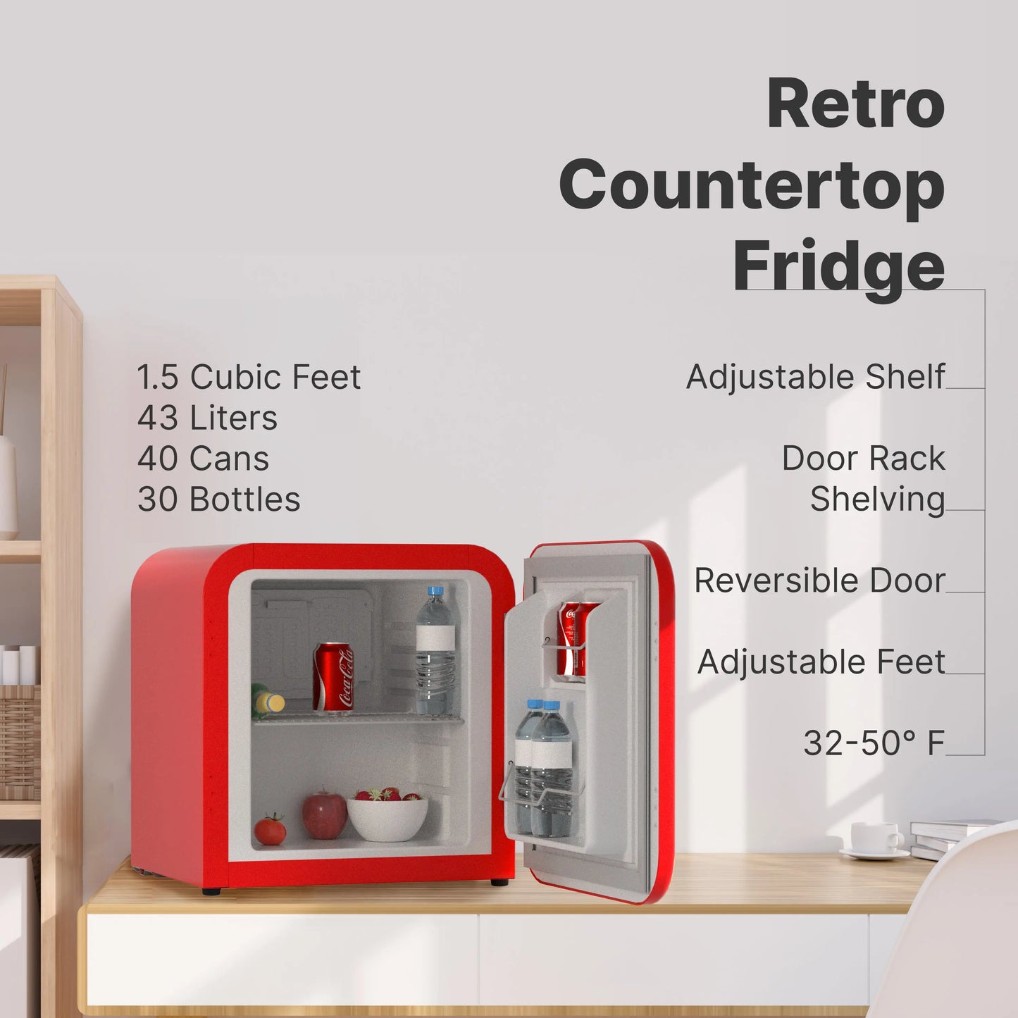 Husky Premium 43L Retro Style 1.5 C.ft. Freestanding Mini Fridge in Red - One Products