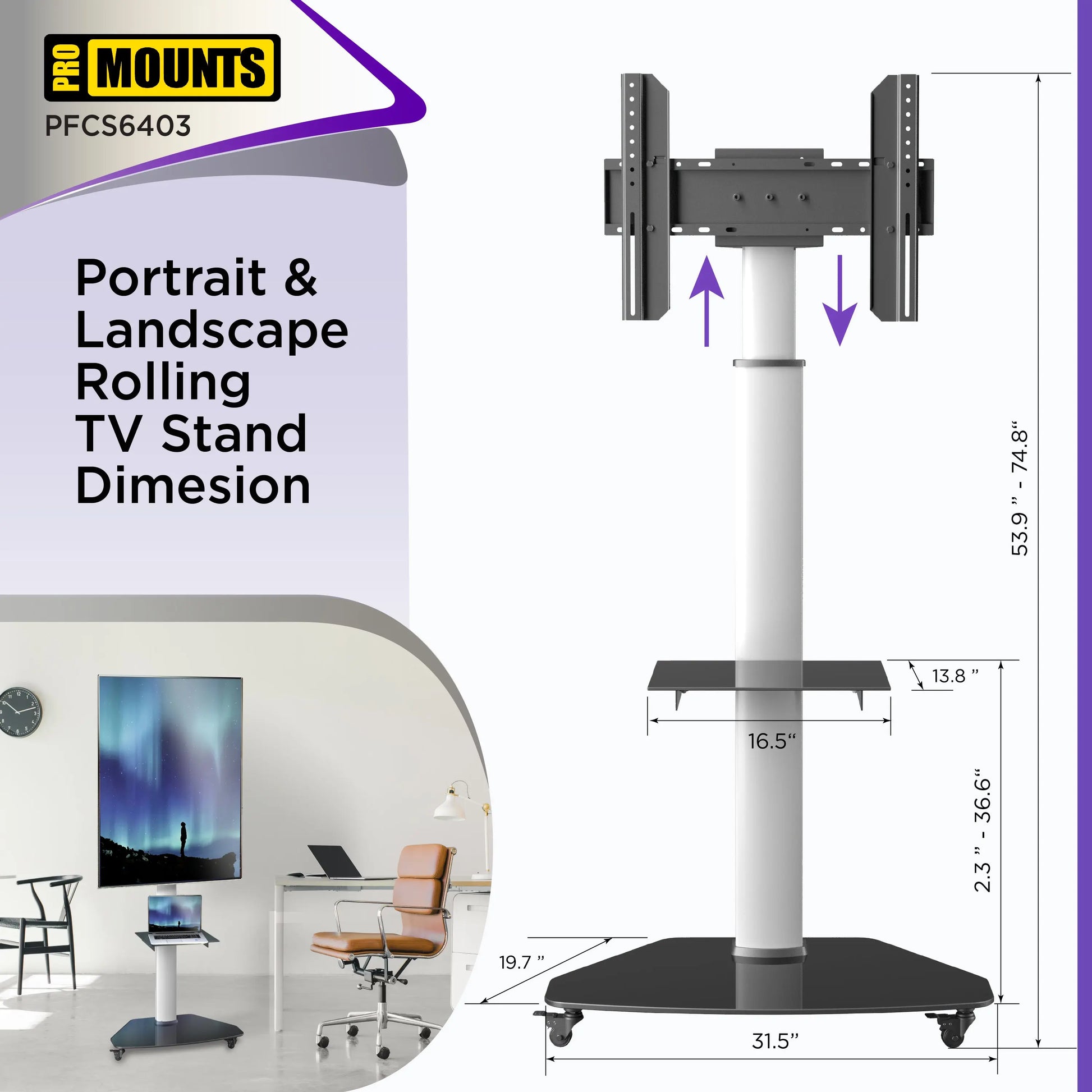 ProMounts Portrait/Landscape Rolling TV Stand Mount For 32"-84" TVs Holds Up To 88Lbs - One Products