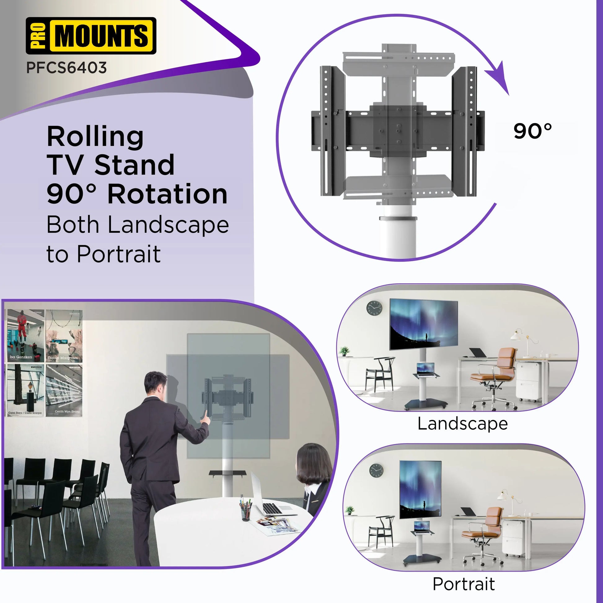 ProMounts Portrait/Landscape Rolling TV Stand Mount For 32"-84" TVs Holds Up To 88Lbs - One Products