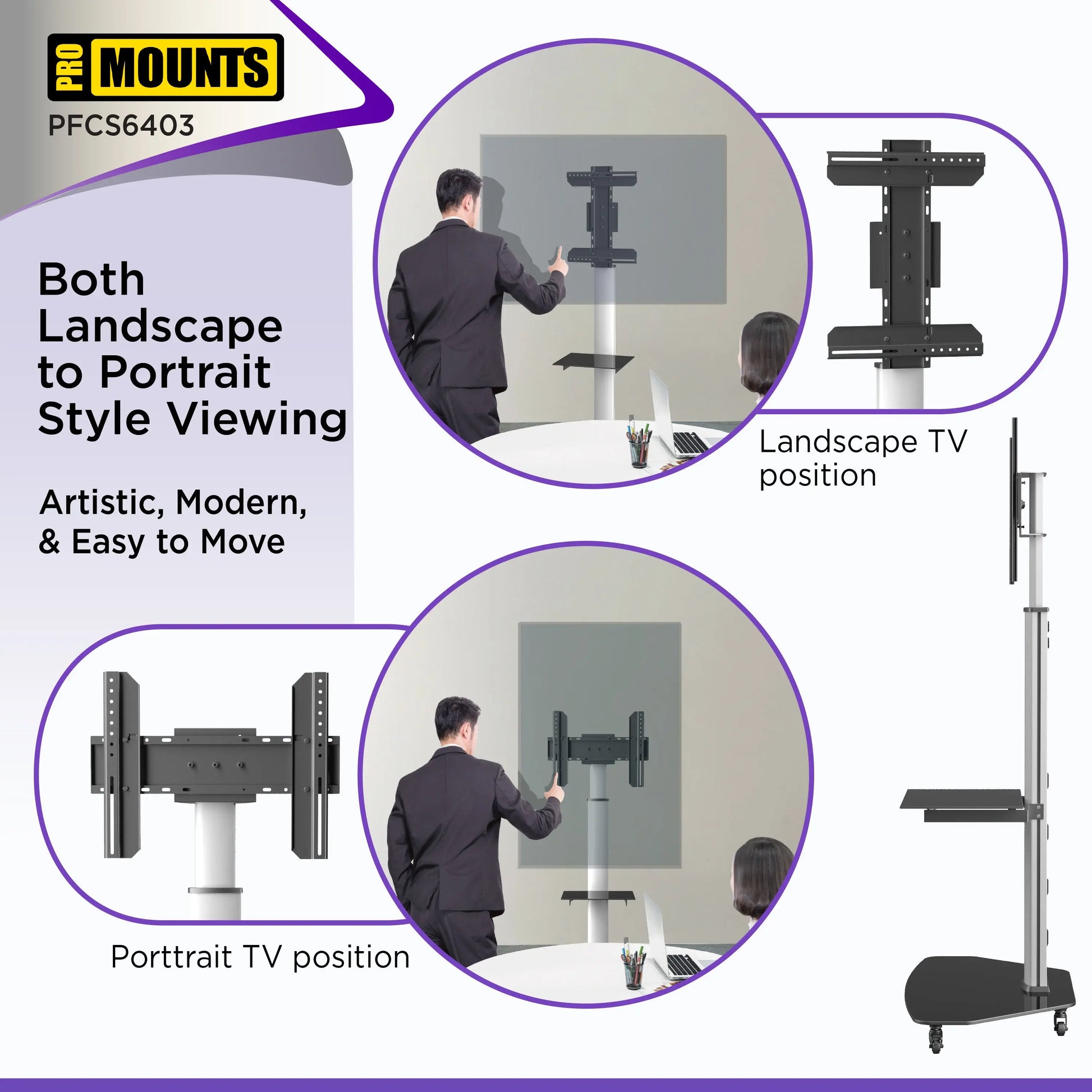 ProMounts Portrait/Landscape Rolling TV Stand Mount For 32"-84" TVs Holds Up To 88Lbs - One Products