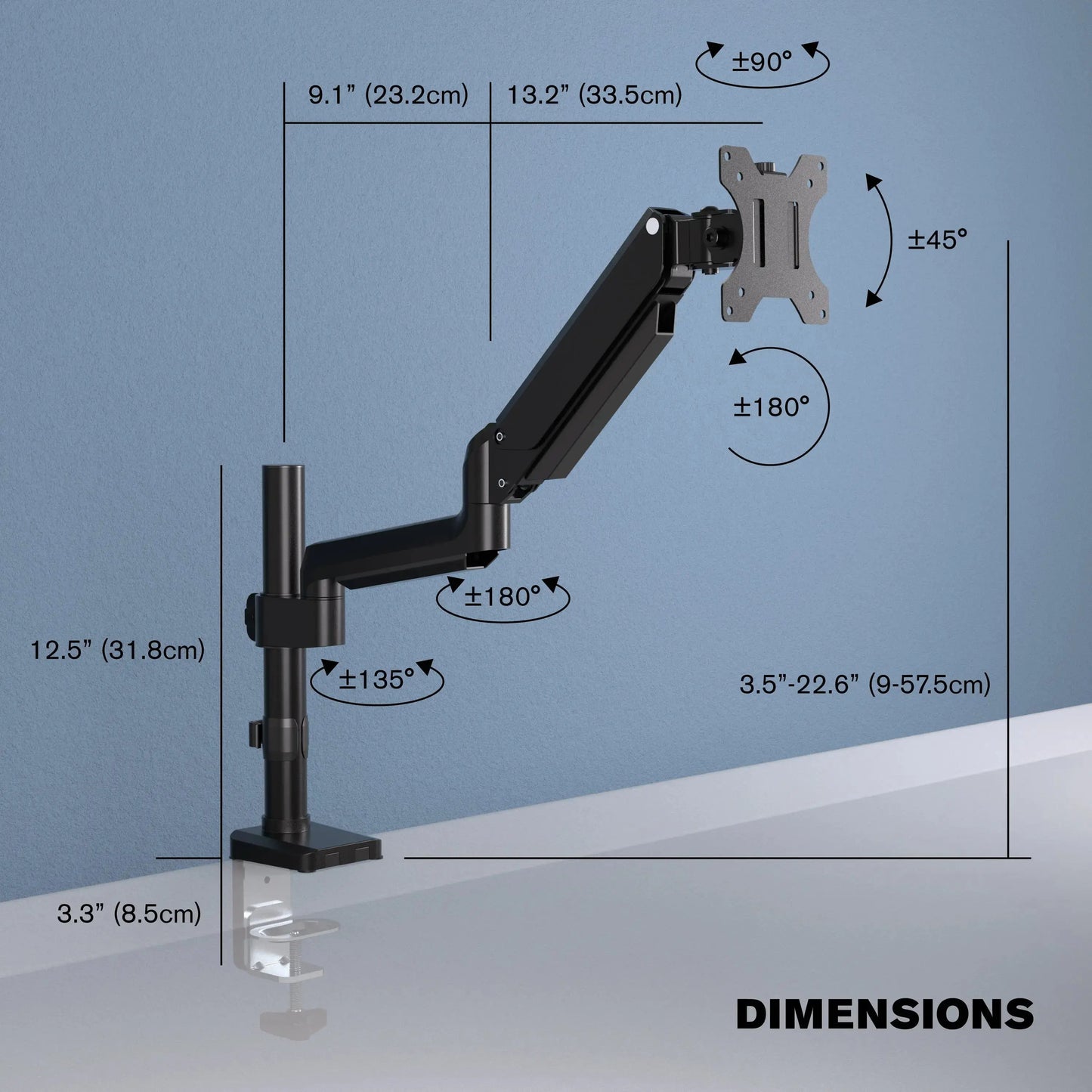 ProMounts Landscape to Portrait Single Monitor Arm for 13” to 32” Screens Holds up to 17.6 lbs - One Products