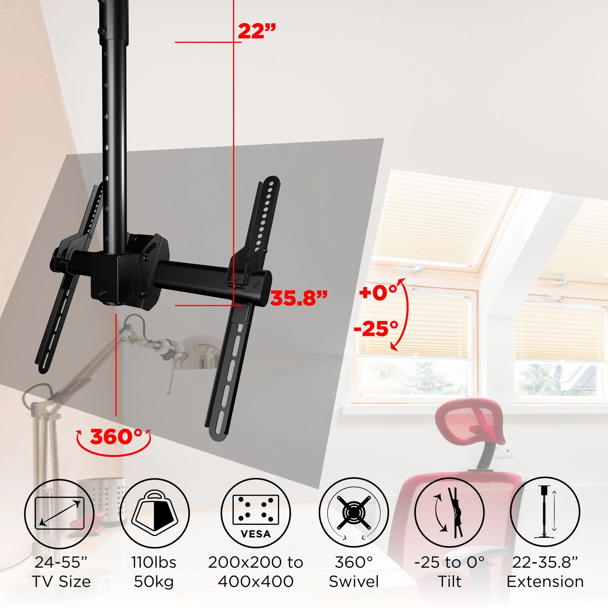 ProMounts Premium Ceiling TV Mount Fits Most 32-65 inch, Holds 88 lbs (UC-PRO210) ProMounts