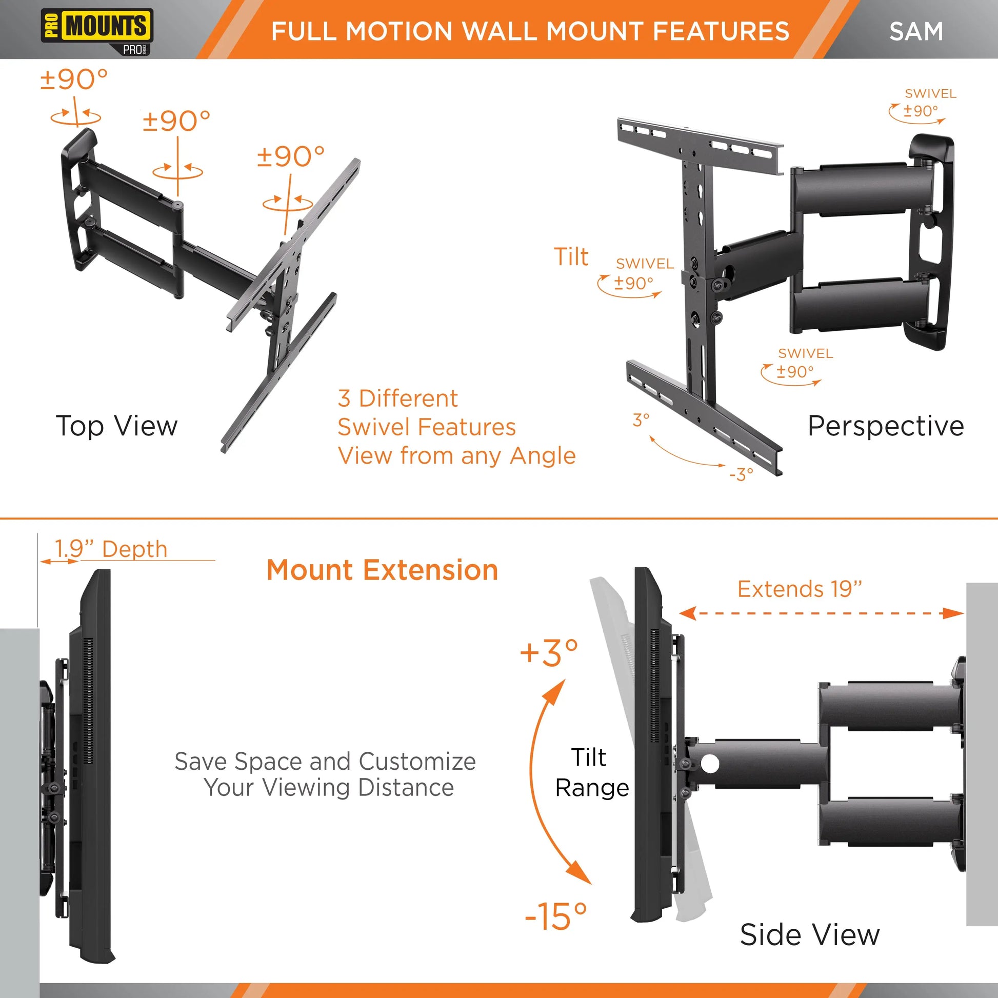 ProMounts Articulating / Full Motion TV Wall Mount for 30" to 65" TVs Up to 80lbs (SAM) - One Products