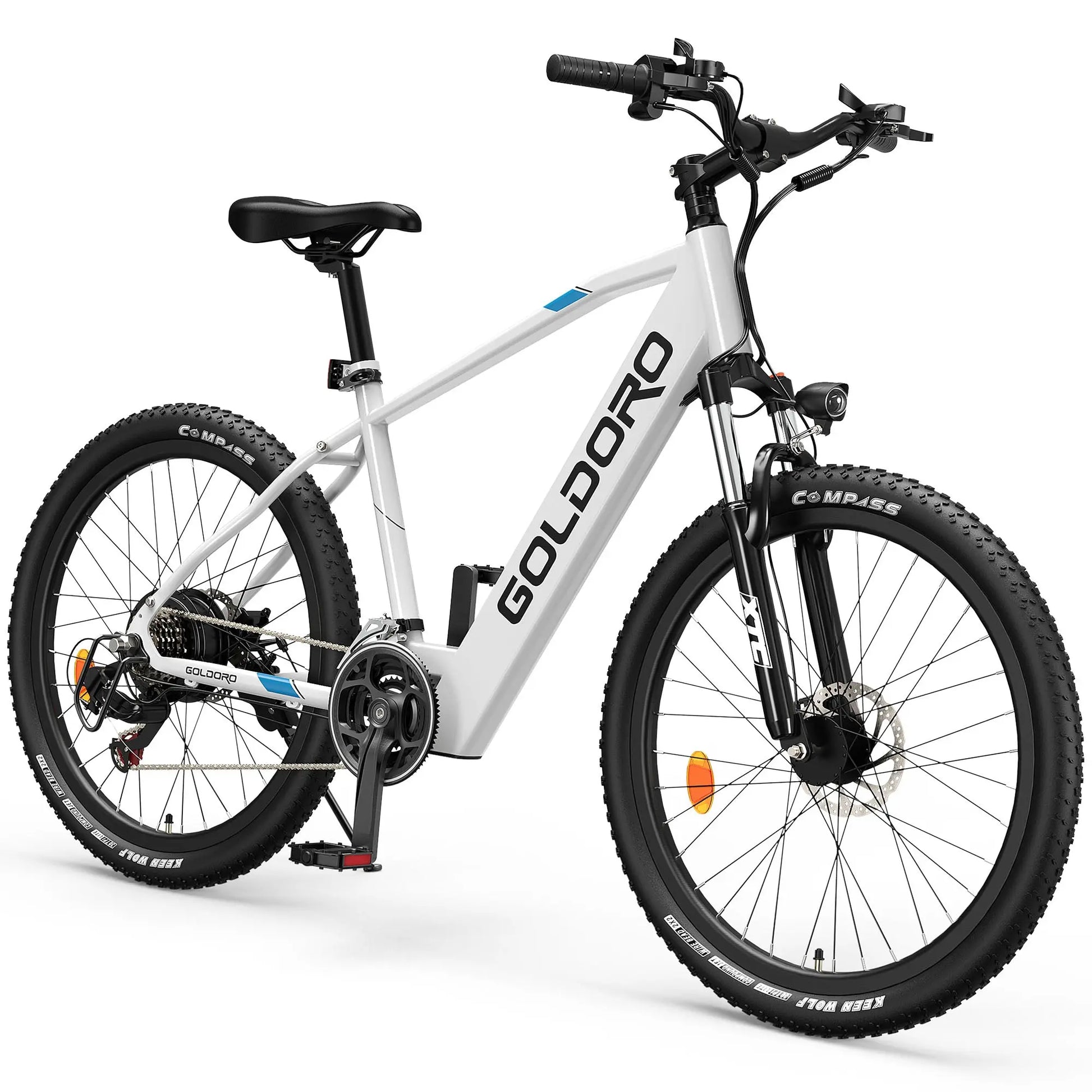 Goldoro Electric Bike 26" X7 Aluminum Alloy Mountain Bike, 250W/36V, MAX 18 MPH, 21 speed with Alloy Wheels (White) - One Products