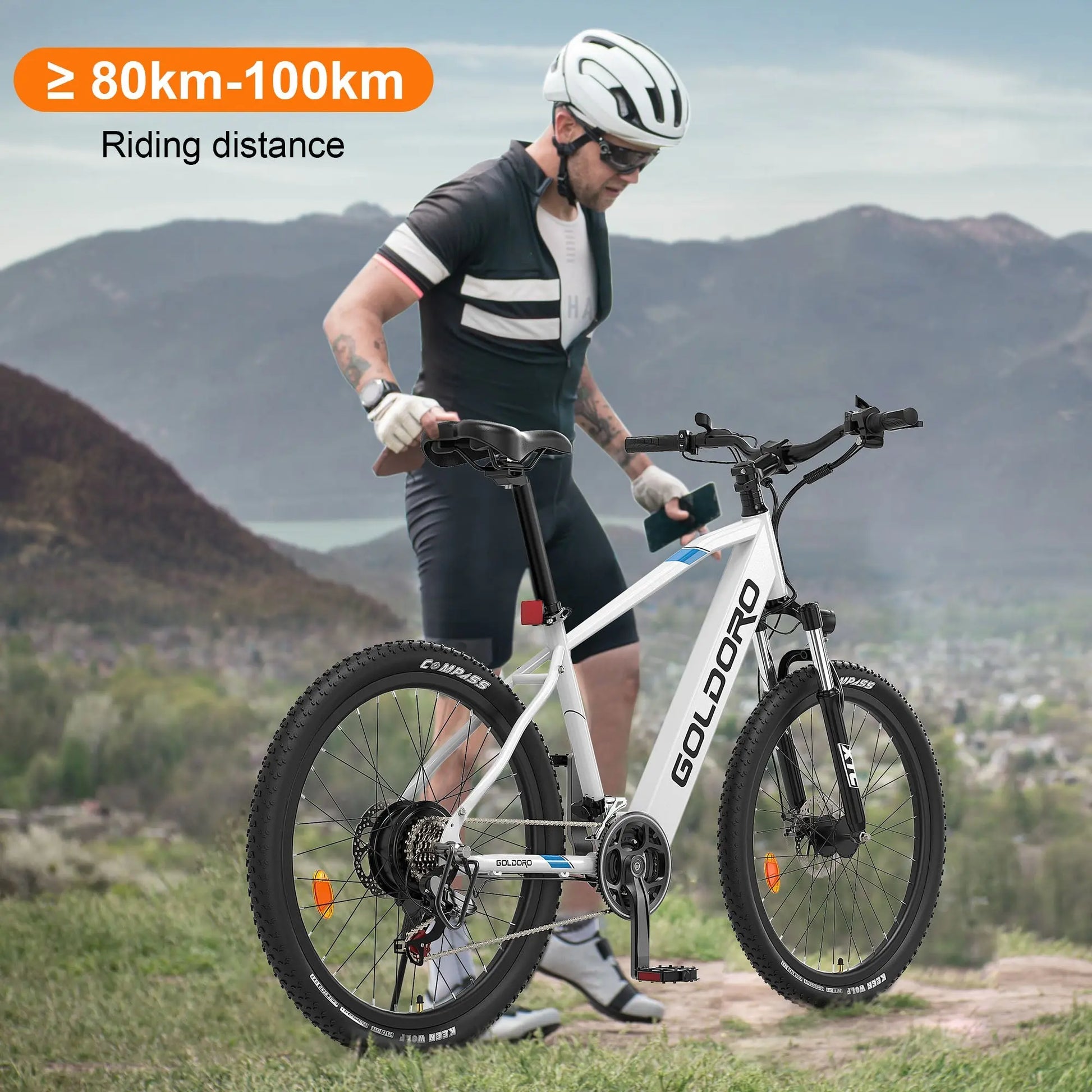 Goldoro Electric Bike 26" X7 Aluminum Alloy Mountain Bike, 250W/36V, MAX 18 MPH, 21 speed with Alloy Wheels (White) - One Products