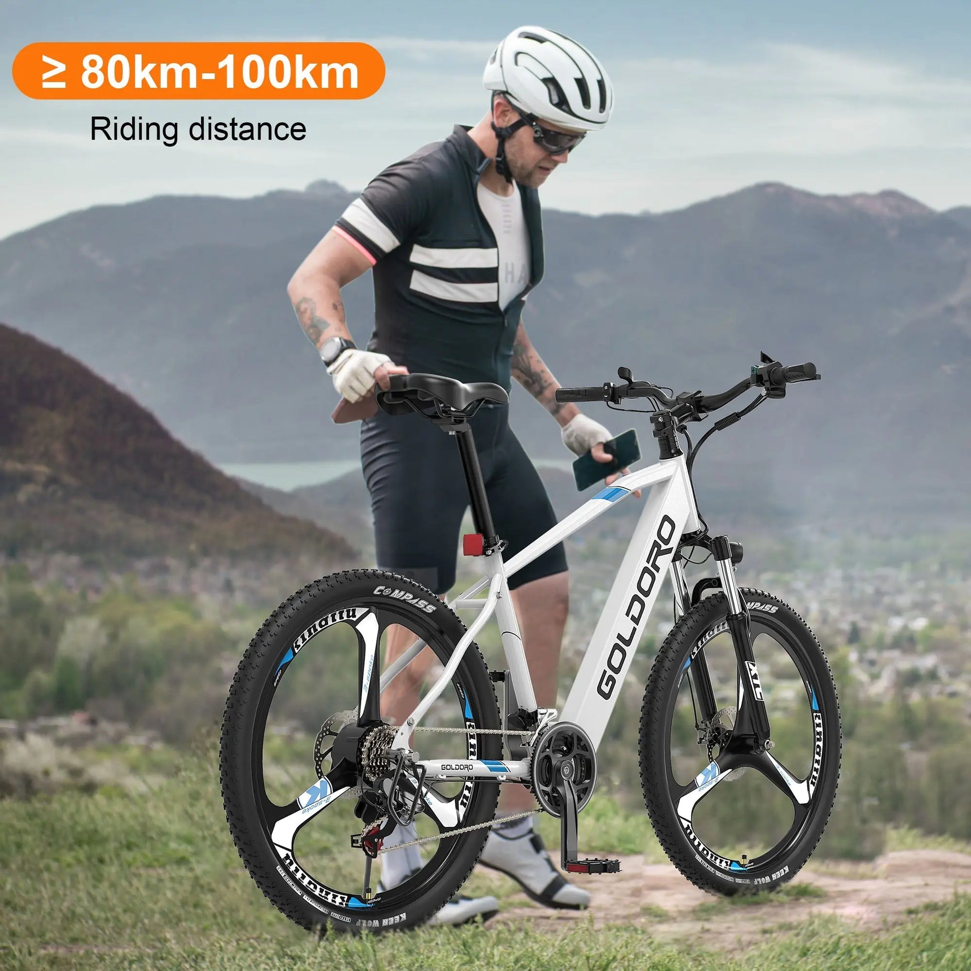 Goldoro Electric Bike 26" X7 Aluminum Alloy Mountain Bike, 250W/36V, MAX 18 MPH, 21 speed with Alloy Wheels (White) - One Products