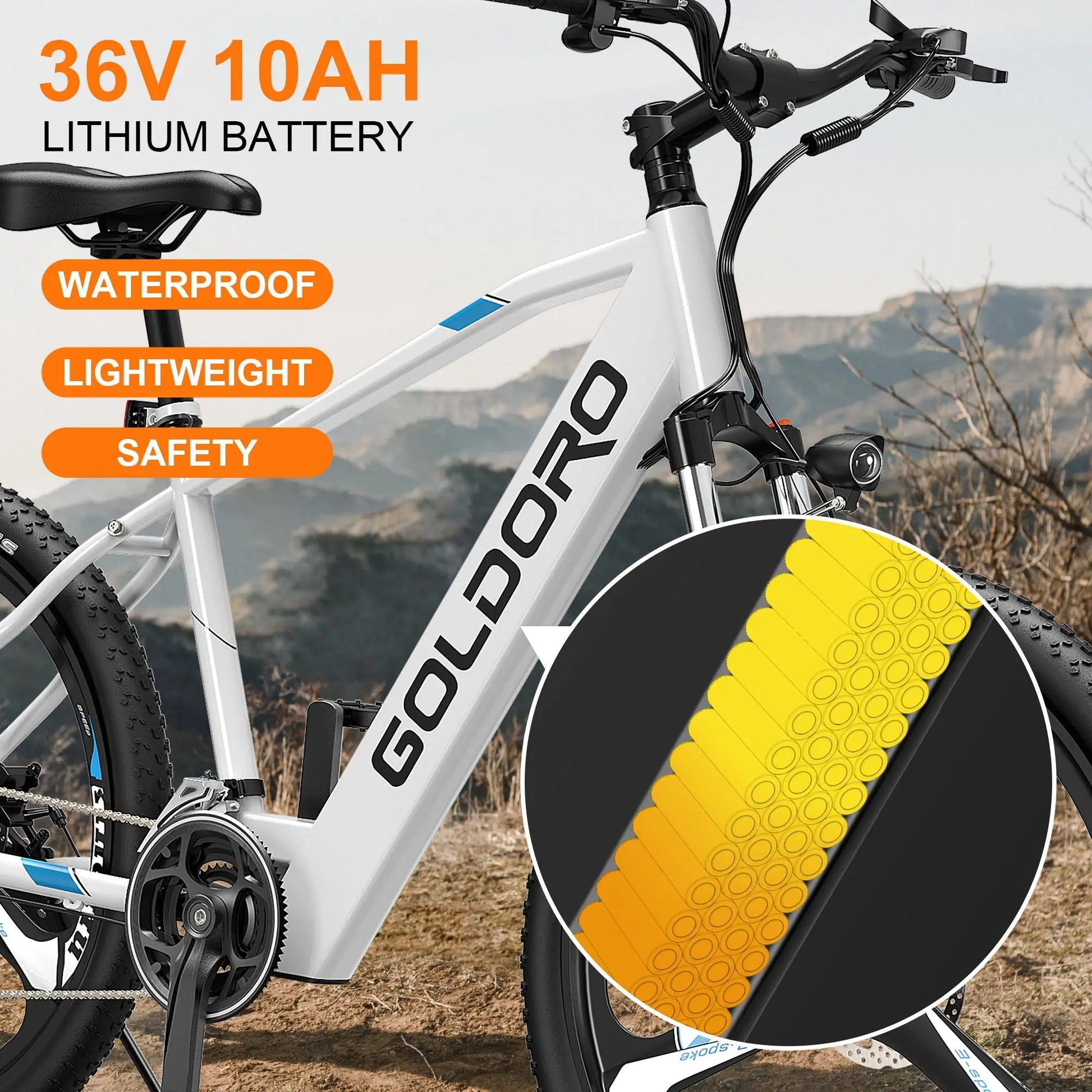 Goldoro Electric Bike 26" X7 Aluminum Alloy Mountain Bike, 250W/36V, MAX 18 MPH, 21 speed with Alloy Wheels (White) - One Products