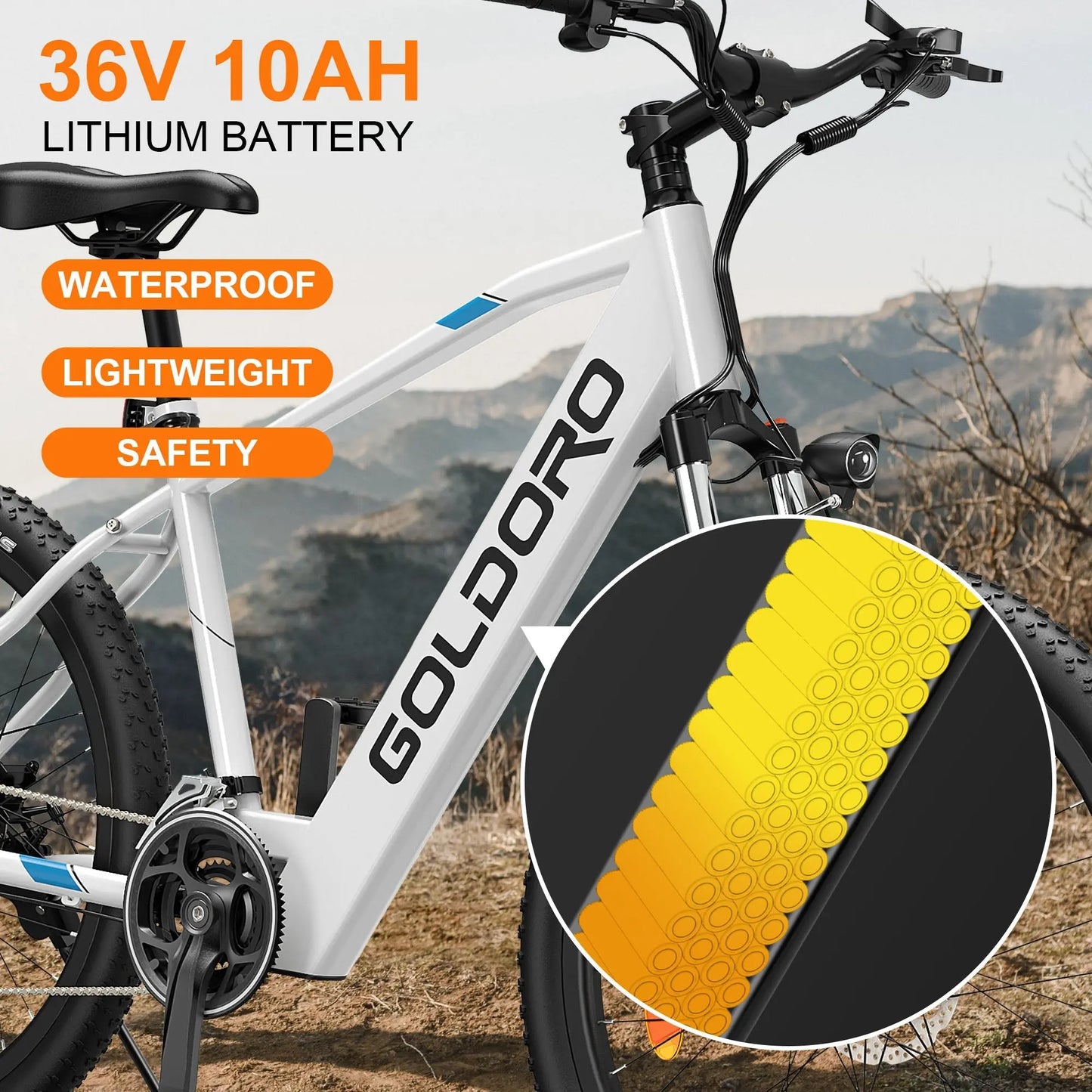 Goldoro Electric Bike 26" X7 Aluminum Alloy Mountain Bike, 250W/36V, MAX 18 MPH, 21 speed with Alloy Wheels (White) - One Products