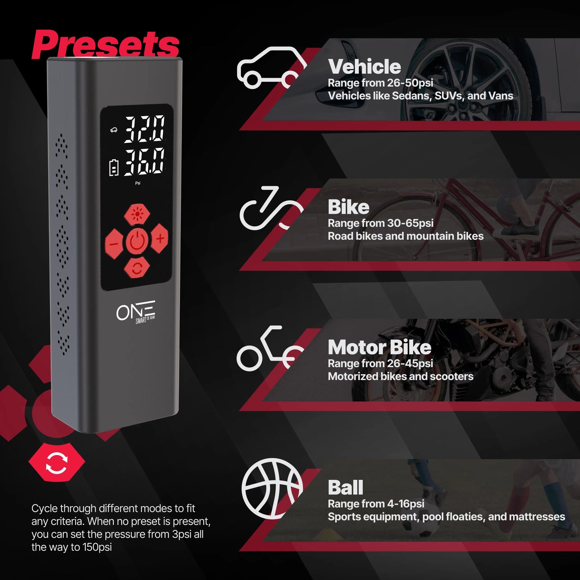 ONE Tire Inflator Portable Air Compressor,150PSI Portable Air Pump, Accurate Pressure LCD Display, Digital Electric Tire Pump for Cars, Bikes, Motor Bikes and Balls, Long Lasting 7800mAh/11.1V battery - One Products