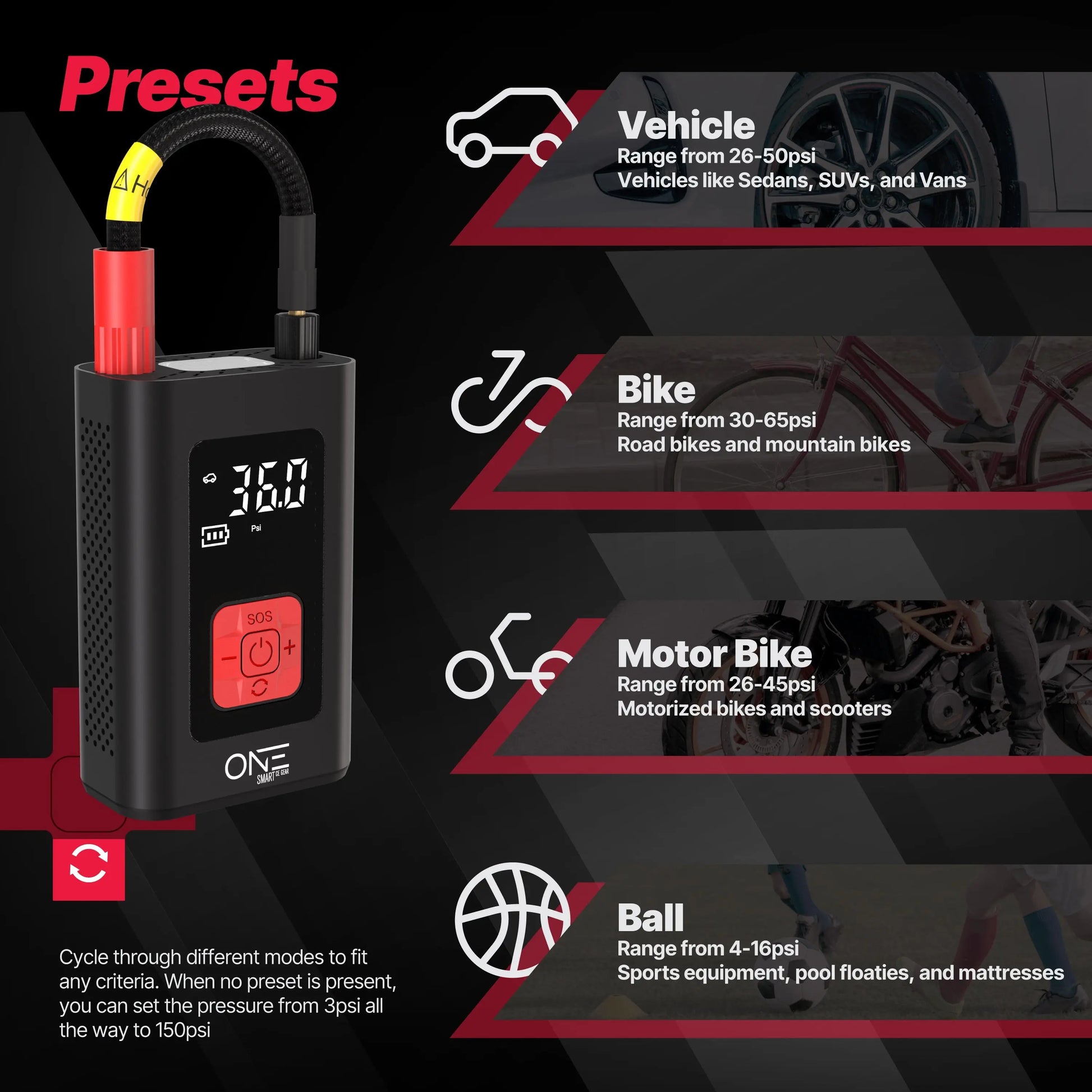 ONE Tire Inflator Portable Air Compressor, 150PSI Portable Air Pump, Accurate Pressure LCD Display, Digital Electric Tire Pump for Cars, Bikes, Motor Bikes and Balls, Long Lasting 5200mAh/7.4V battery - One Products