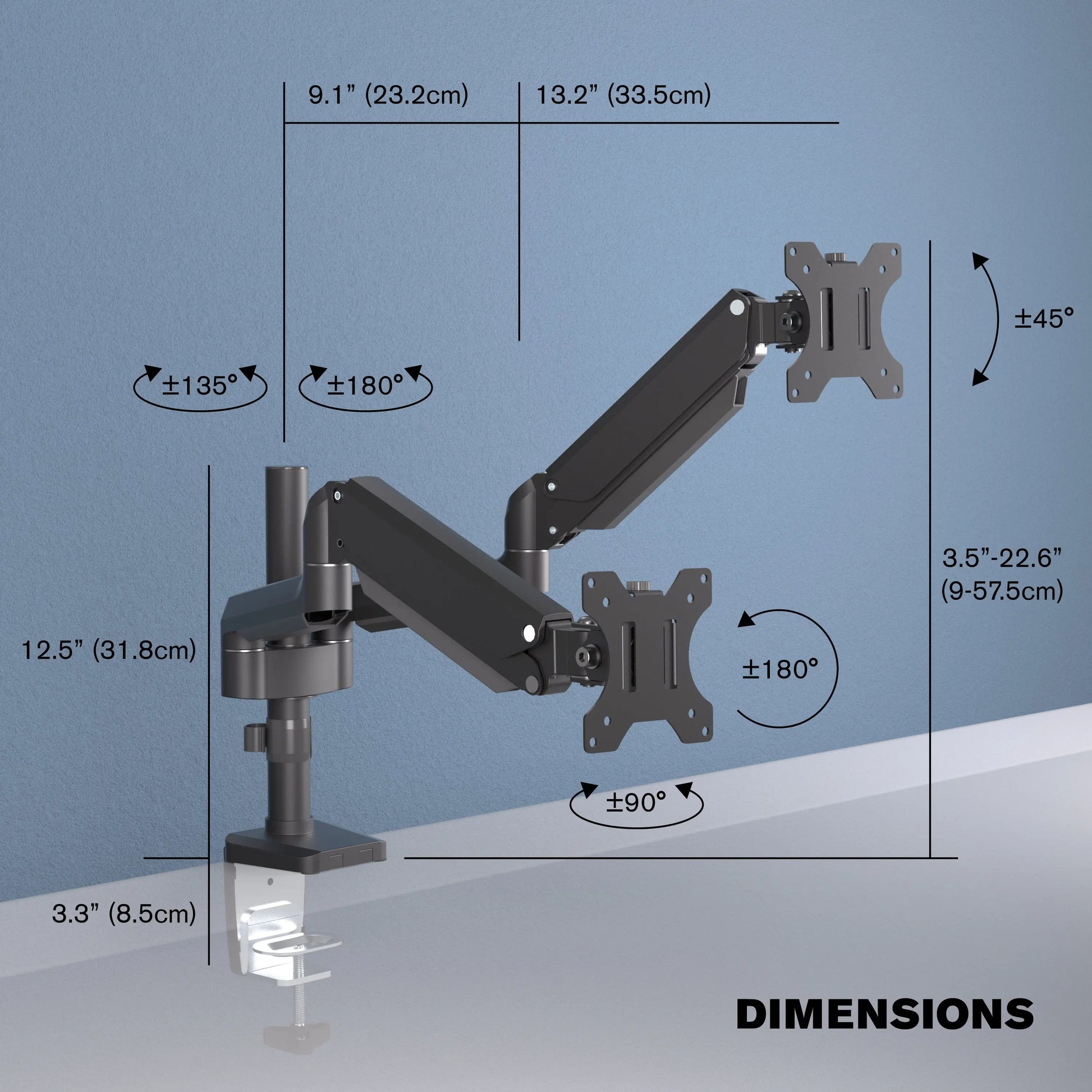 ProMounts Landscape to Portrait Double Monitor Arms for 13" to 32" Screens Holds up to 17.6 lbs - One Products