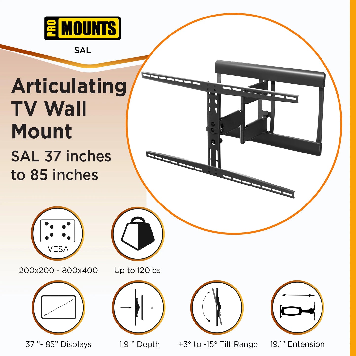 ProMounts Articulating / Full-Motion TV Wall Mount for 37" to 85" TVs up to 120 lbs (SAL) - One Products